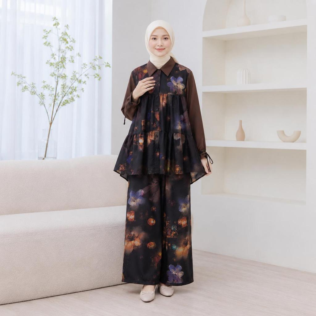 NJW - ONE SET WANITA VILIA RUFFLE LENGAN KOMBINASI KATUN MOTIF - SETELAN WANITA