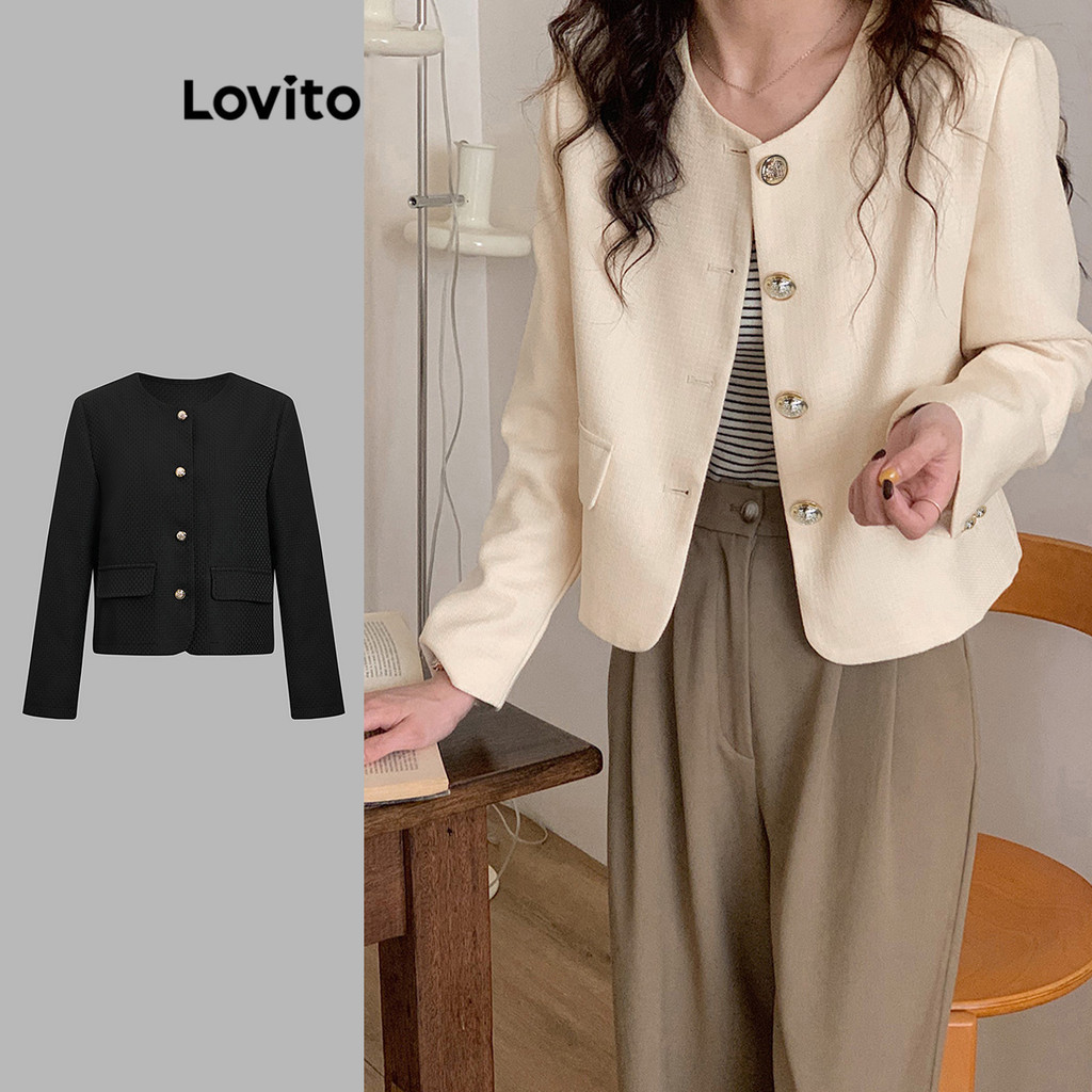 Lovito Women Elegant Pocket Blazer Korean Button Autumn Winter Blazer LNA29388(Multi-color)