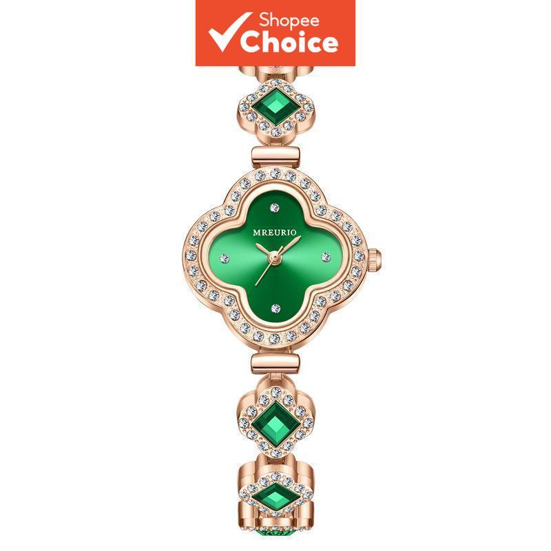 Elegant Green Gemstone Four Leaf Clover Bracelet Watch for Women High End Versatile Wristwatch