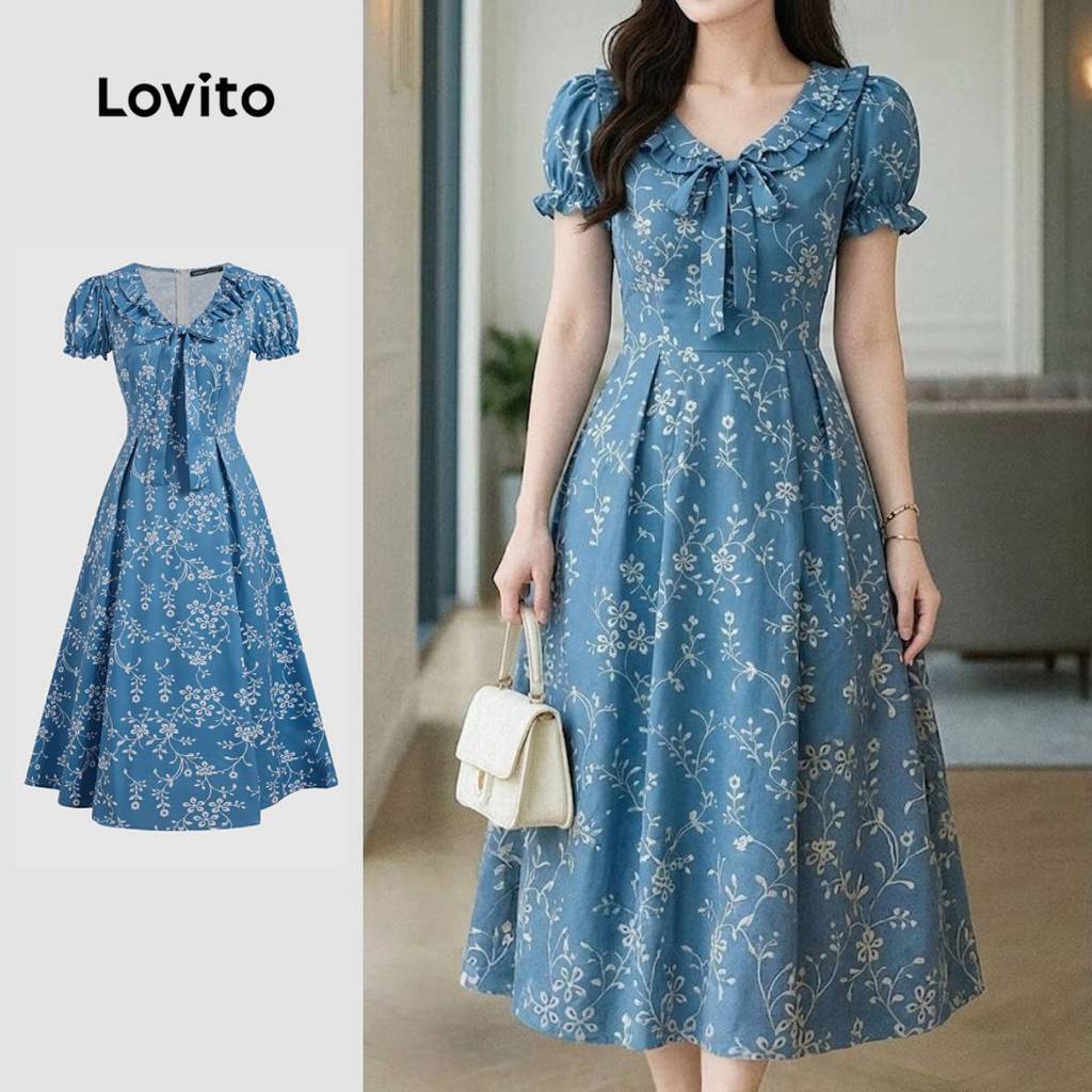 (New Arrival) Lovito Women Boho Dress Ruffle Spring/summer Blue Dress L195ED280