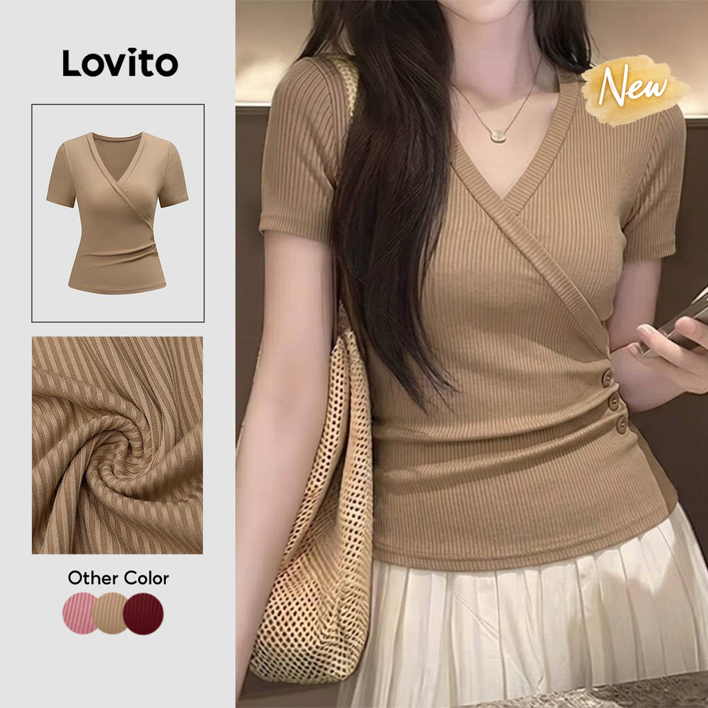(New Arrival) Lovito Women Casual T-shirt Plicated Pleated Button Spring/summer Purple T-shirt TSK9P