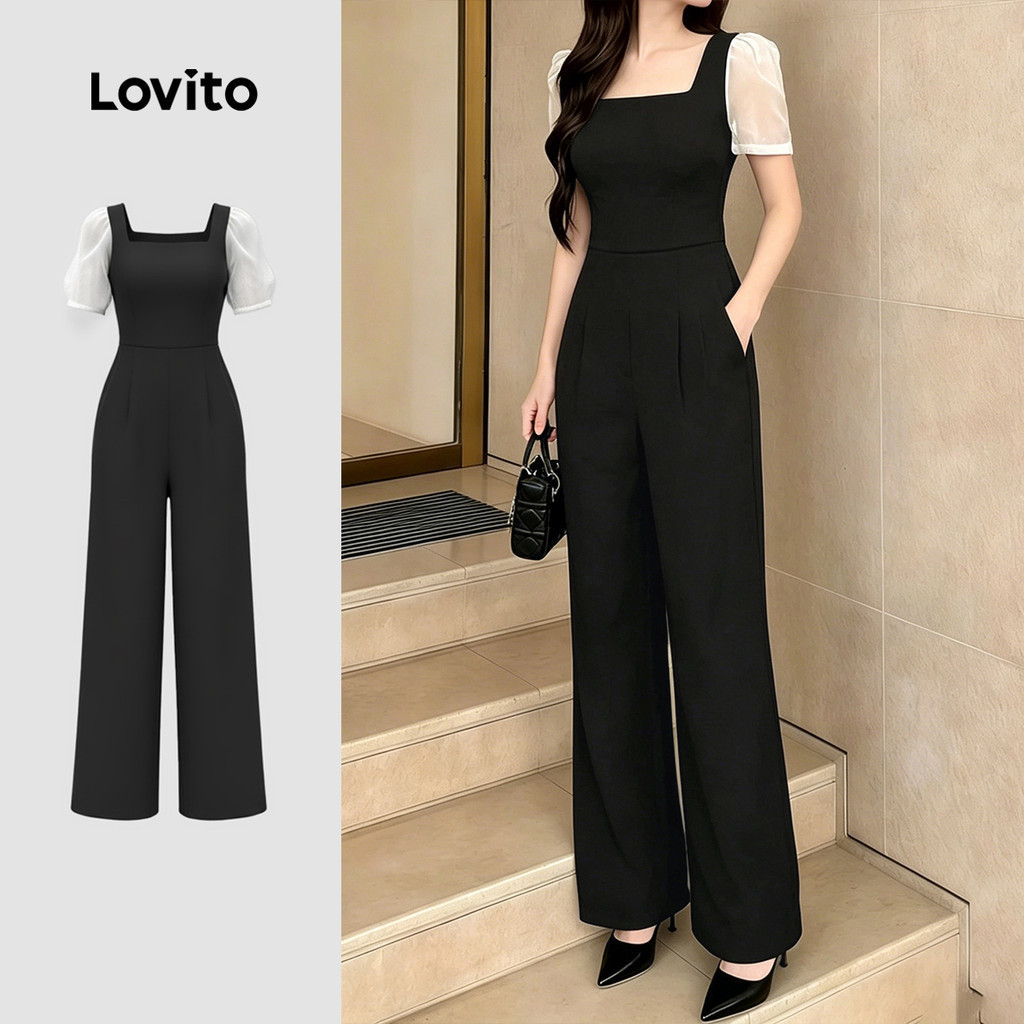 Lovito Women Formal Elegant Jumpsuit Commute Colorblock Comfy yet Stylish Spring/summer Black Jumpsu