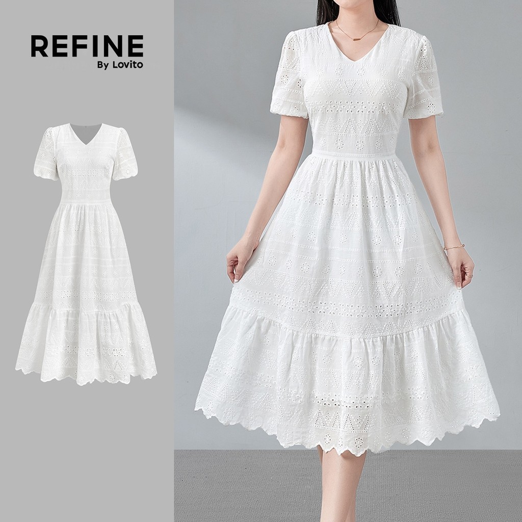 (Refine by Lovito) Women Elegant Casual Dress Office Embroidered Cotton Fabric Eyelet Embroidery Spr