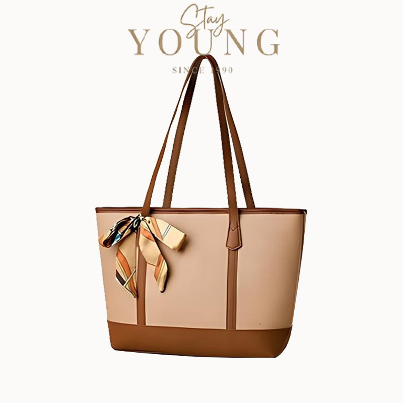 StayYoung Premium sense tote bag with ribbon large capacity women's commuting leather shoulder bag