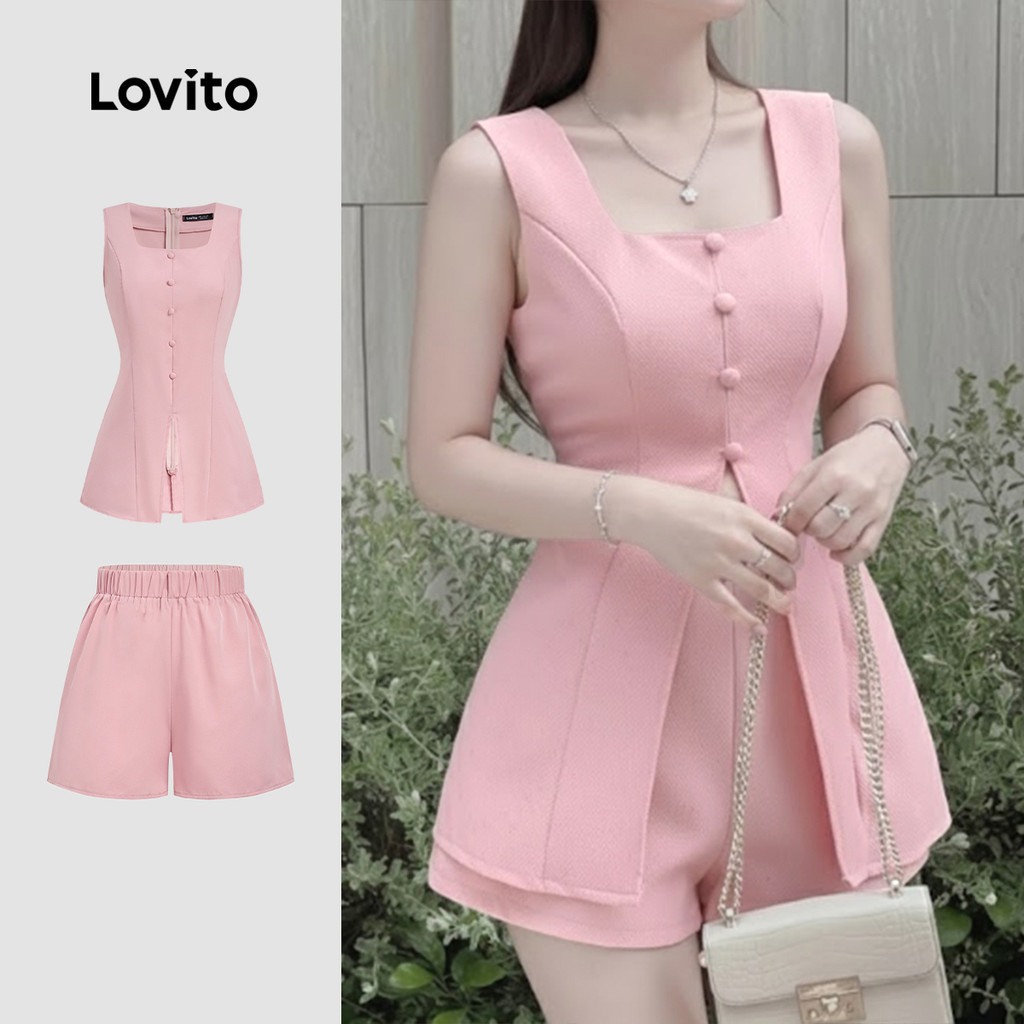 Lovito Women Elegant Tops or Bottoms Korean Button Spring/summer Pink Tops or Bottoms L164ED380