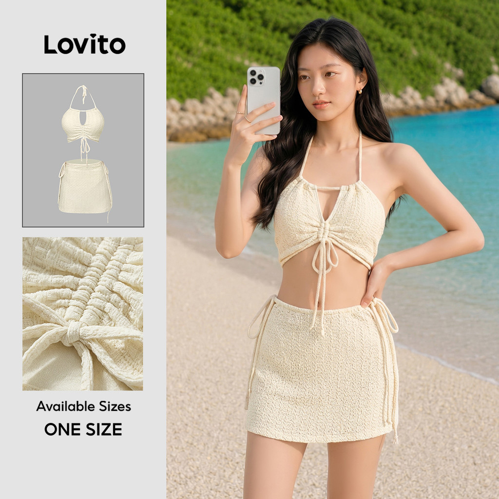 Lovito Women Vacation Sexy Bikini Sets Plain Tie Front Summer/Spring Bikini Sets LNE97001