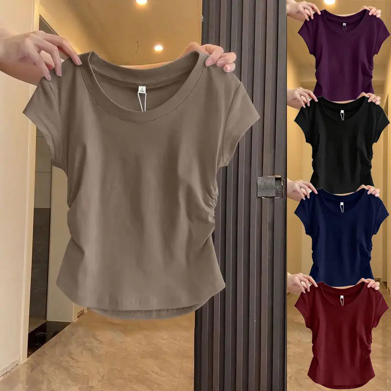 Ruched Irregular Curved Waist Top Regular Shoulder High-end Summer Ribbed Slim Fit Slimming Women's
