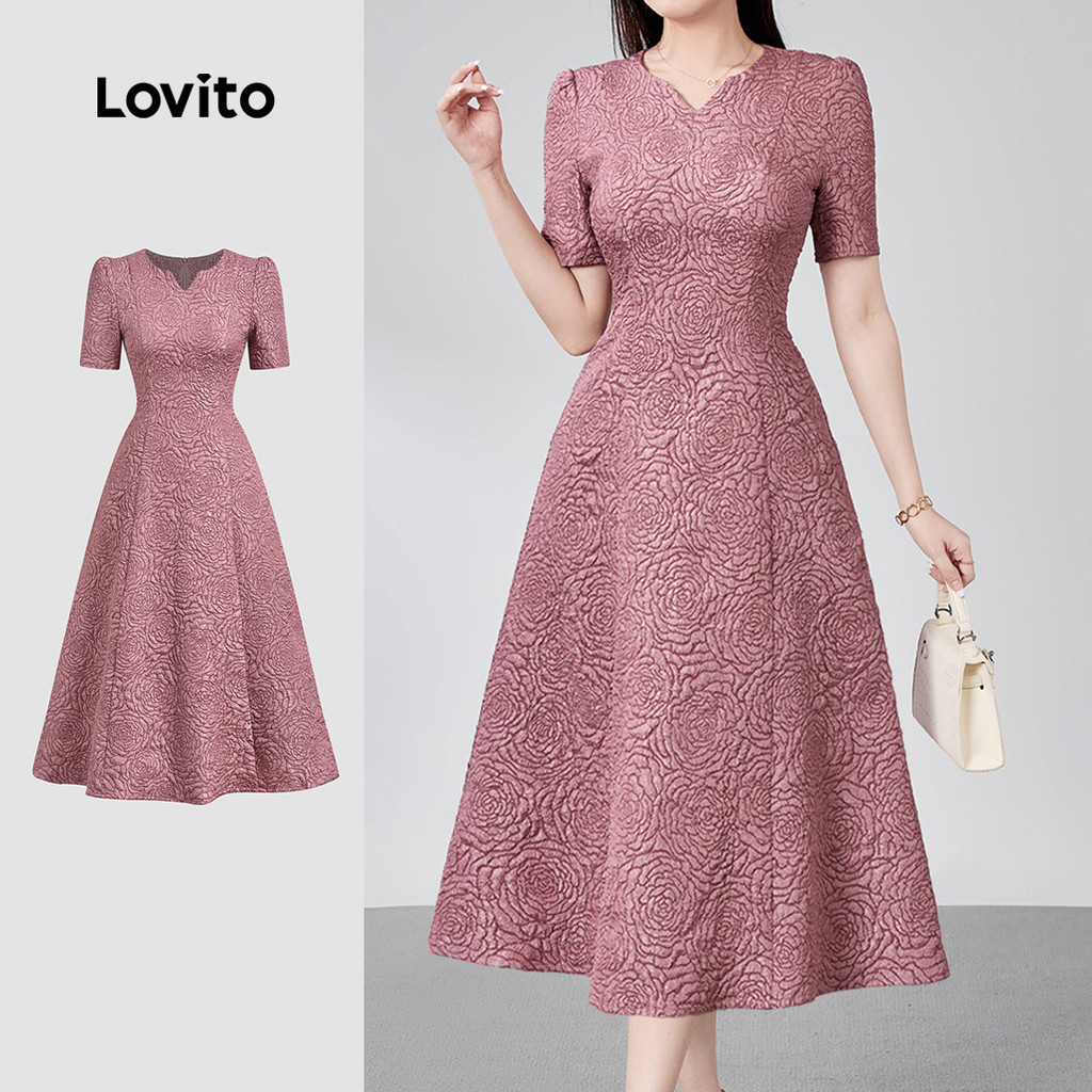 Lovito Women Elegant Short Korean Sleeve V Neck Texture Exquisite Jacquard High Waist A-Line Midi Wo