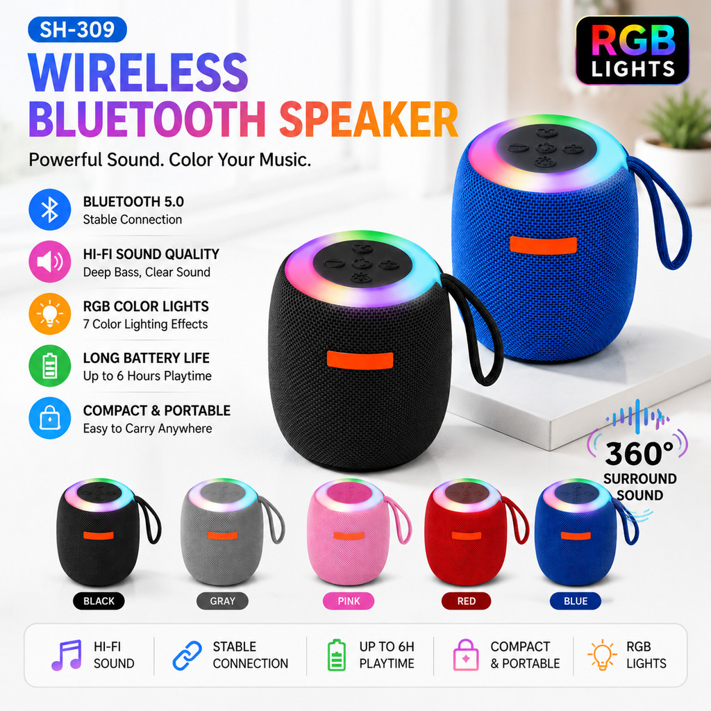 SH-309 wireless Bluetooth speakerportable subwoofer sound system withcolor RGB lights