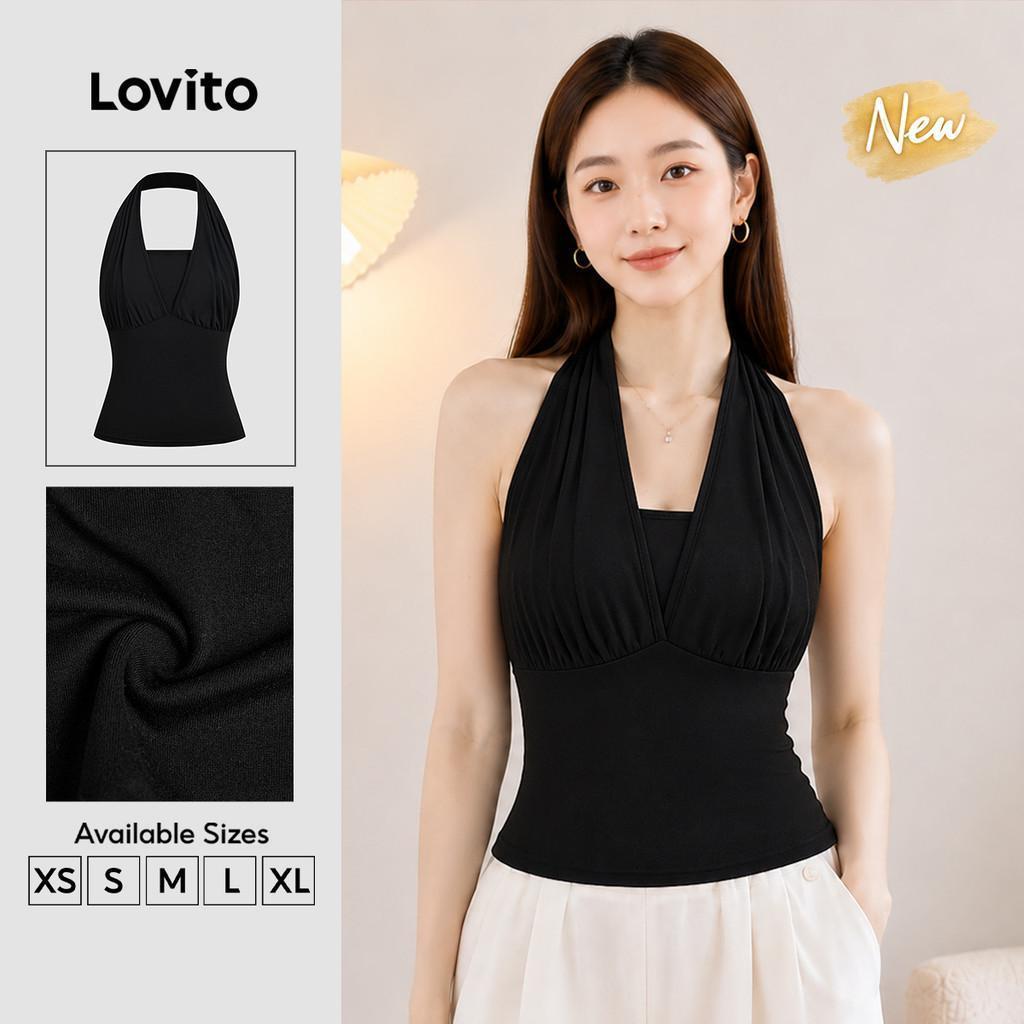 (New Arrival) Lovito Women Casual Top Fake 2in1 Simple Classic and Versatile Spring/summer Black Top