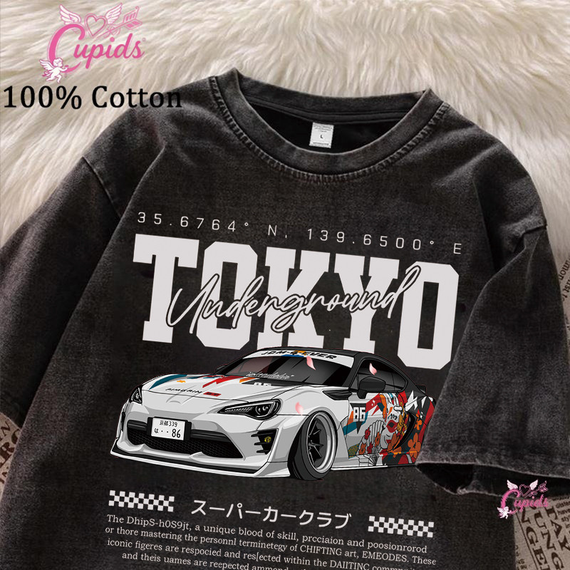 COD Casual T-shirt, American Retro tokyo Racing Print Pattern Pure Cotton Washed Distressed T-shirt