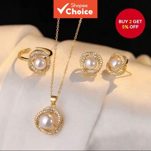 Stainless Steel Jewelry Set Includes Necklace,Earrings, Ring, Vintage Elegant Faux Pearl Necklace De