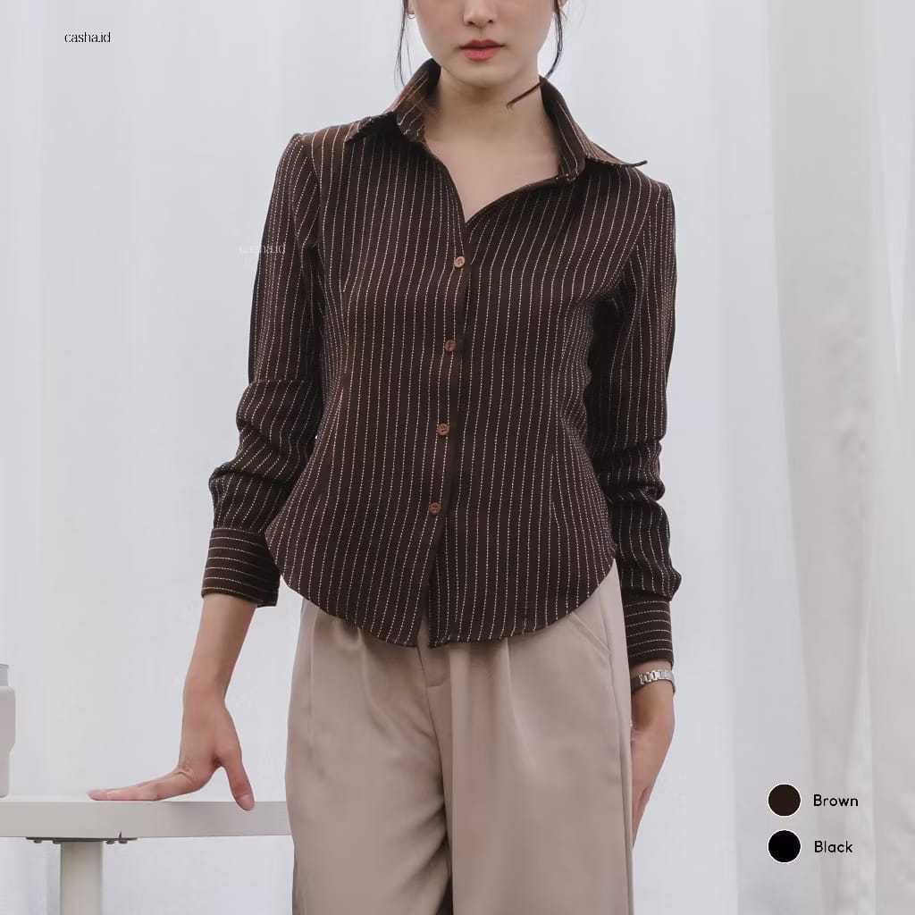 Luna Stripe Kemeja / Blouse Wanita – Atasan Salur Basic Fitted Bahan Semiwol Premium