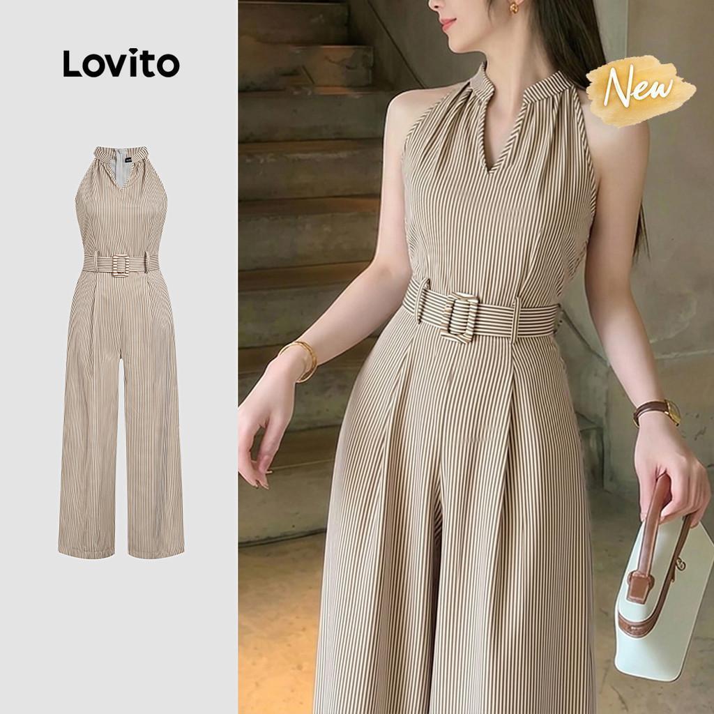 (New Arrival) Lovito Women Casual Jumpsuit Daily Geometric Belted Spring/summer Khaki Jumpsuit JRB19