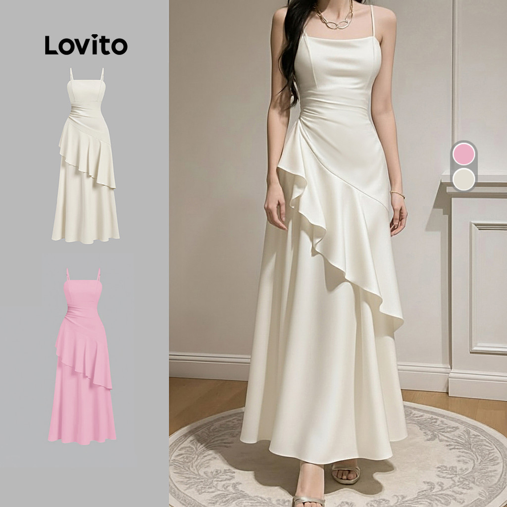 Lovito Women Elegant Dress Korean Formal Wedding Bridesmaid Ruffle Hem Zipper Adjustable Shoulder St