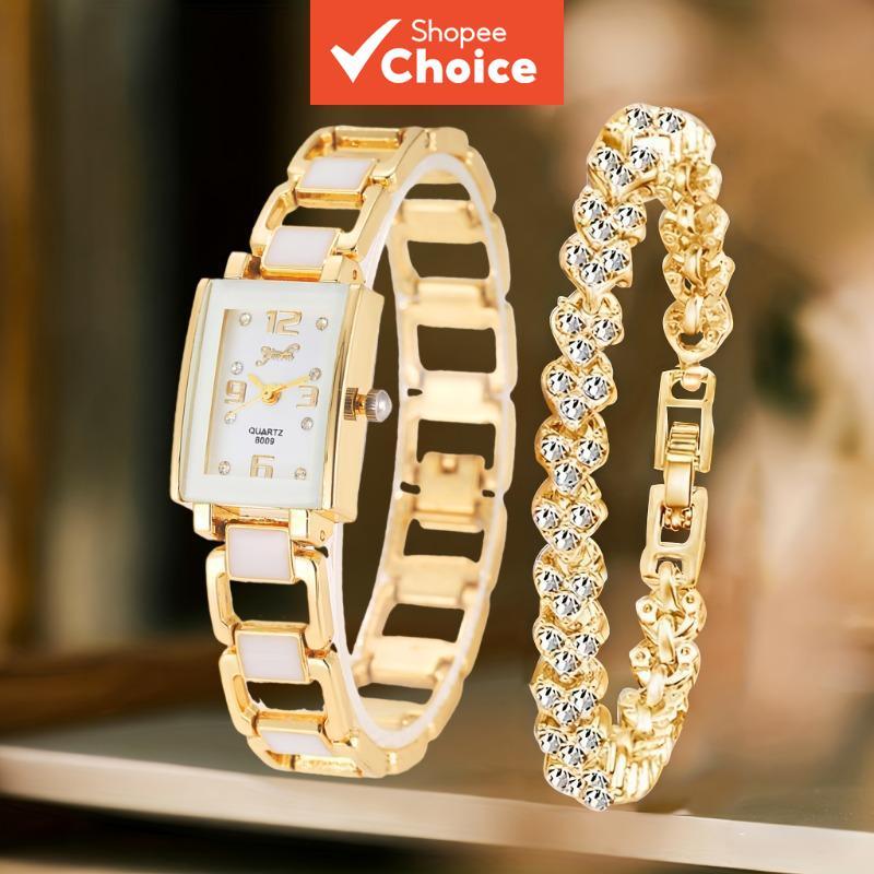 VMI Square Dial Watch Bracelet Set – 2Pcs Rhinestone Quartz Timepiece Elegant Ladies Wristwear Fashi