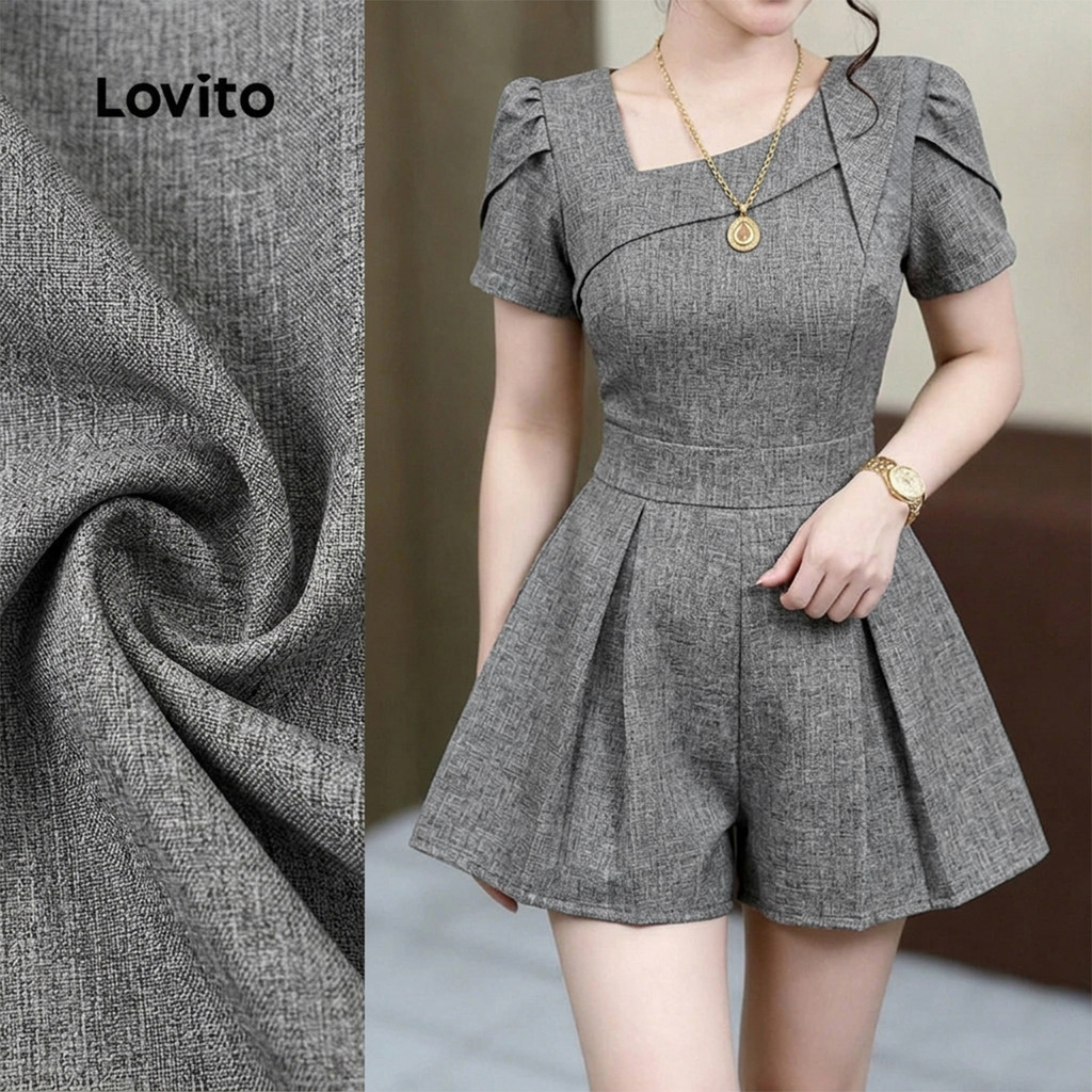 Lovito Women Casual Jumpsuit Asymmetrical Frill Commute Spring/summer Grey Jumpsuit L189ED207