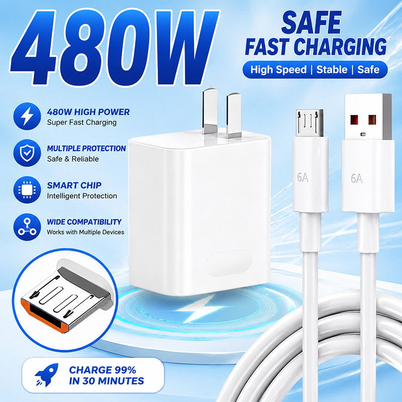 480W Max Super Fast Wall Charger Set 6A Type‑C Cable for Type‑C Android Micro USB Phones