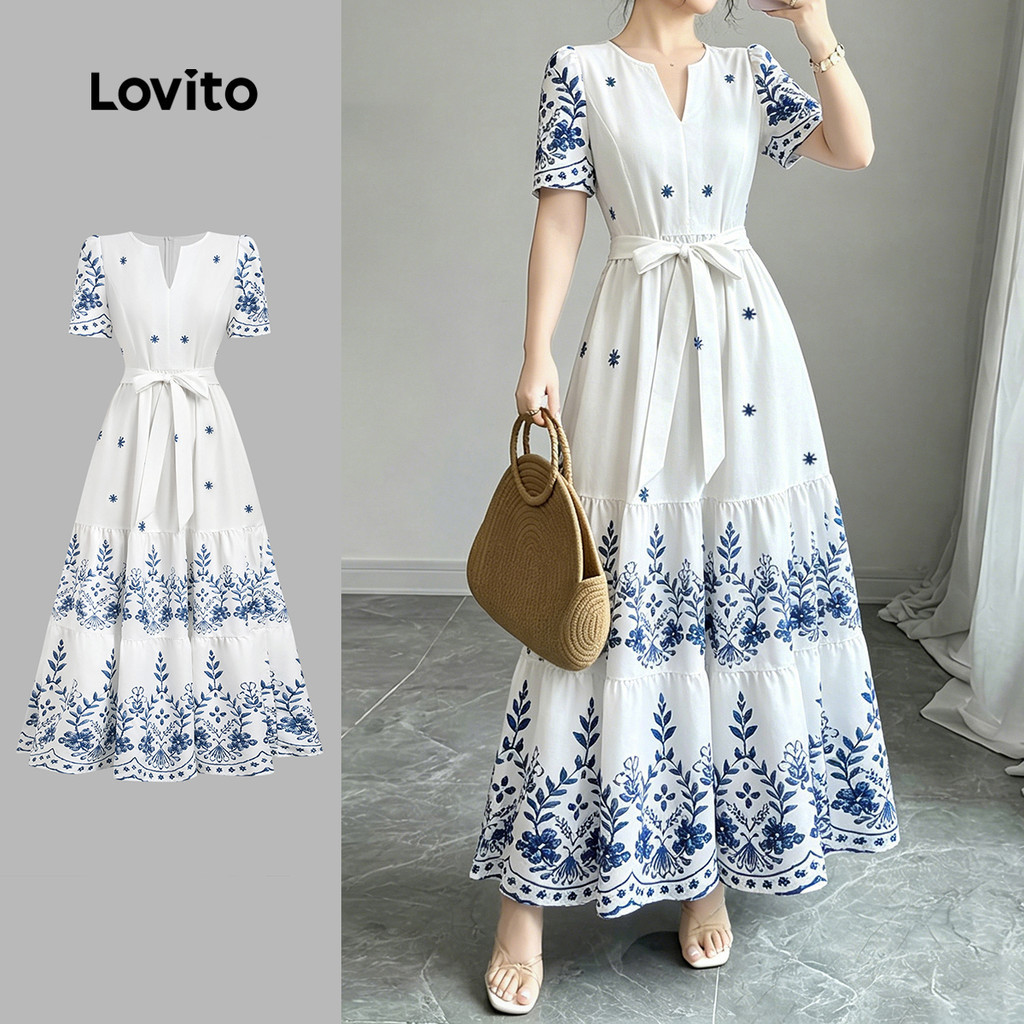 (New Arrival) Lovito Women Boho Dress Belted Tiered Layer Zipper Spring/summer Dress LBL36050