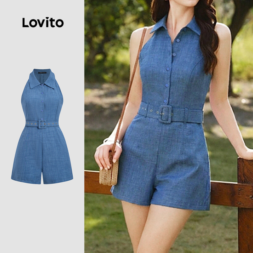 (New Arrival) Lovito Women Casual Jumpsuit Belted Button Leisure Spring/summer Blue Jumpsuit L195AD2