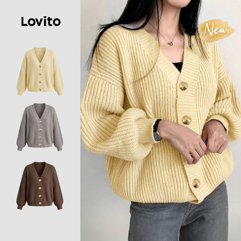 (New Arrival) Lovito Women Casual Cardigans Button Front Plicated Autumn/winter Grey Cardigans CDNS