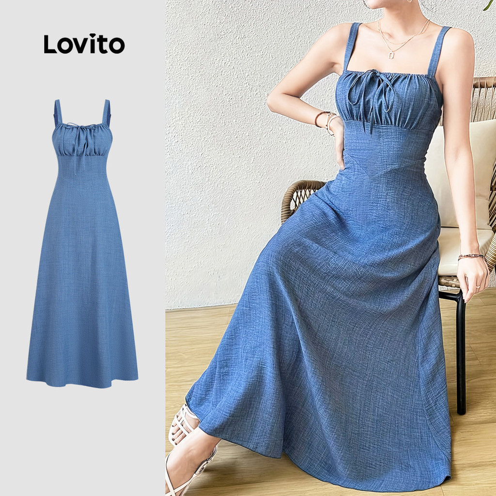 Lovito Women Elegant Dress Resort Style Lace Up Spring/summer Blue Dress LK4LD384