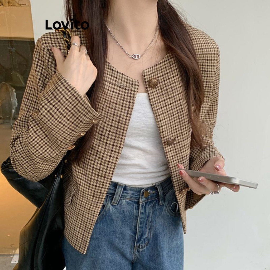 Lovito Women Elegant Blazer Korean Plain Button Front Blazer LNA40091