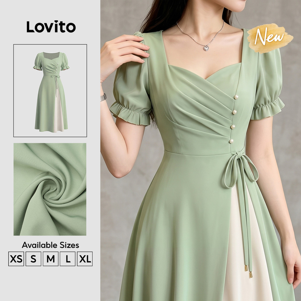 (New Arrival) Lovito Women Elegant Korean Dress Retro Button Front Asymmetrical Lace up Spring/summe
