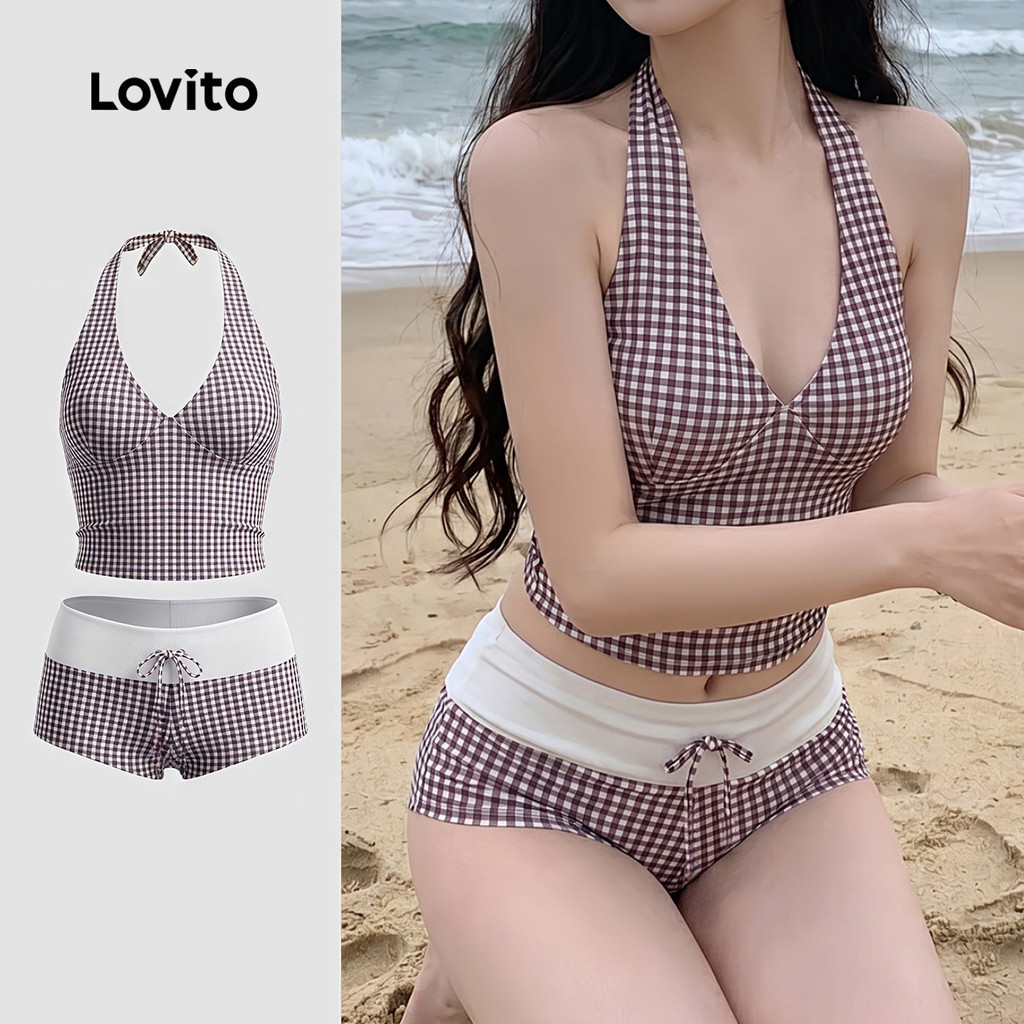 (New Arrival) Lovito Women Casual Bikini Sets Retro Pack of 2 Combined Colorblock Spring/summer Biki
