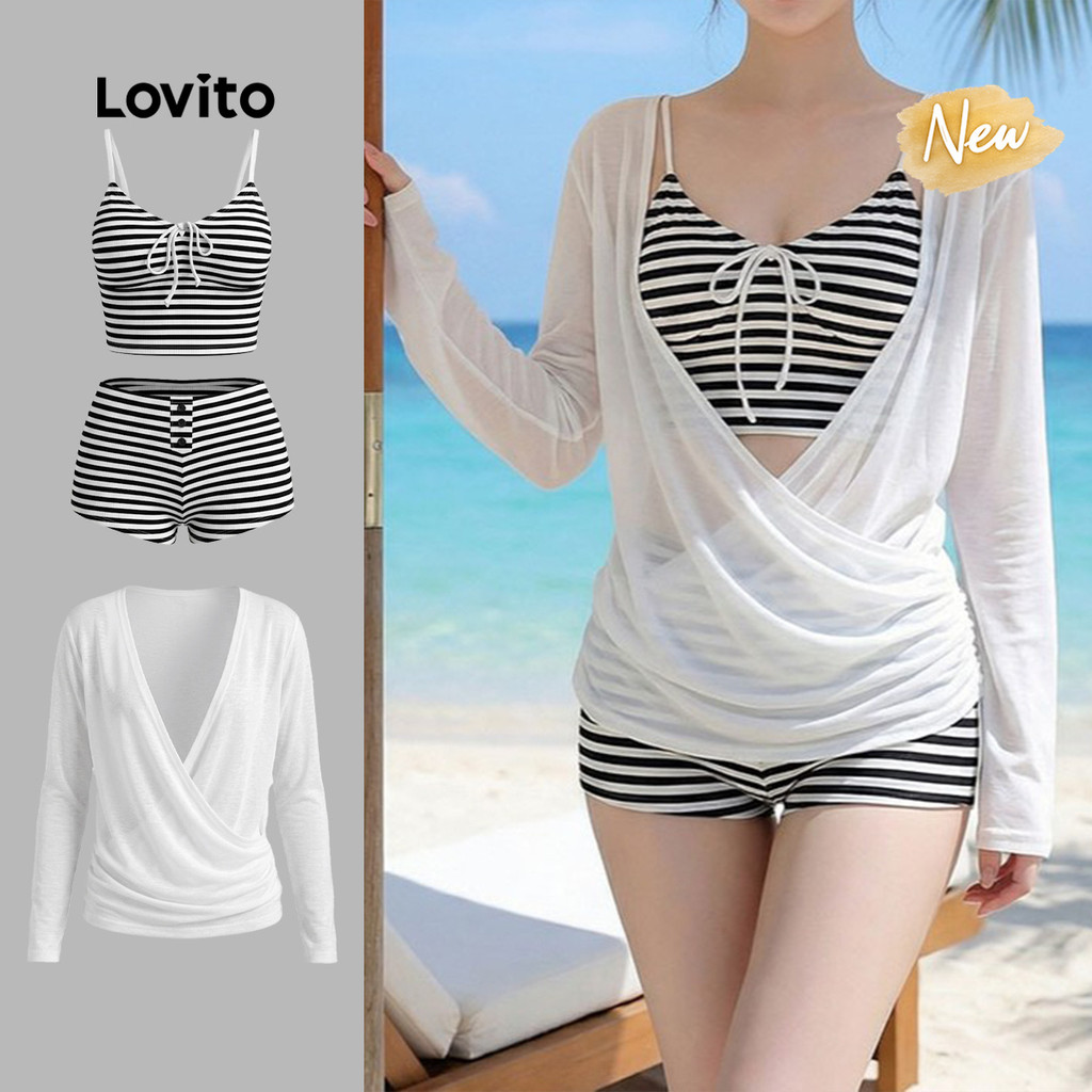 (New Arrival) Lovito Women Boho Bikini Sets Pack of 3 Combined Bow Spring/summer Bikini Sets LNE148
