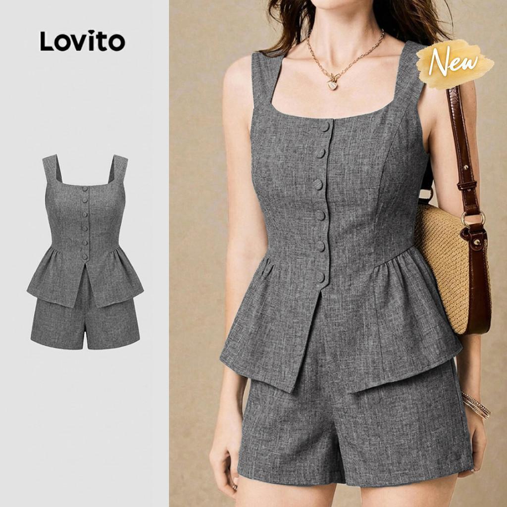 (New Arrival) Lovito Women Casual Tops or Bottoms Daily Smocked Button Wide Shoulder Straps Spring/s