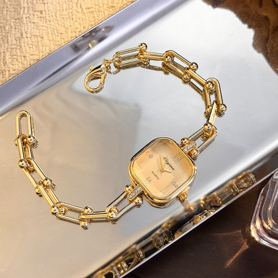 Exquisite Golden Stainless Steel Bracelet Chain Women's Watch Simple Square Dial Ladies Quartz Wrist