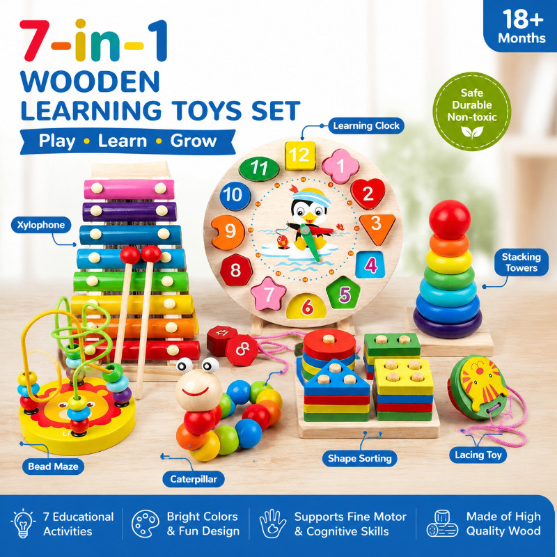 7-in-1 Montessori Wooden Toys Set Kids Early Learning Educational Bead Maze Xylophone Gift