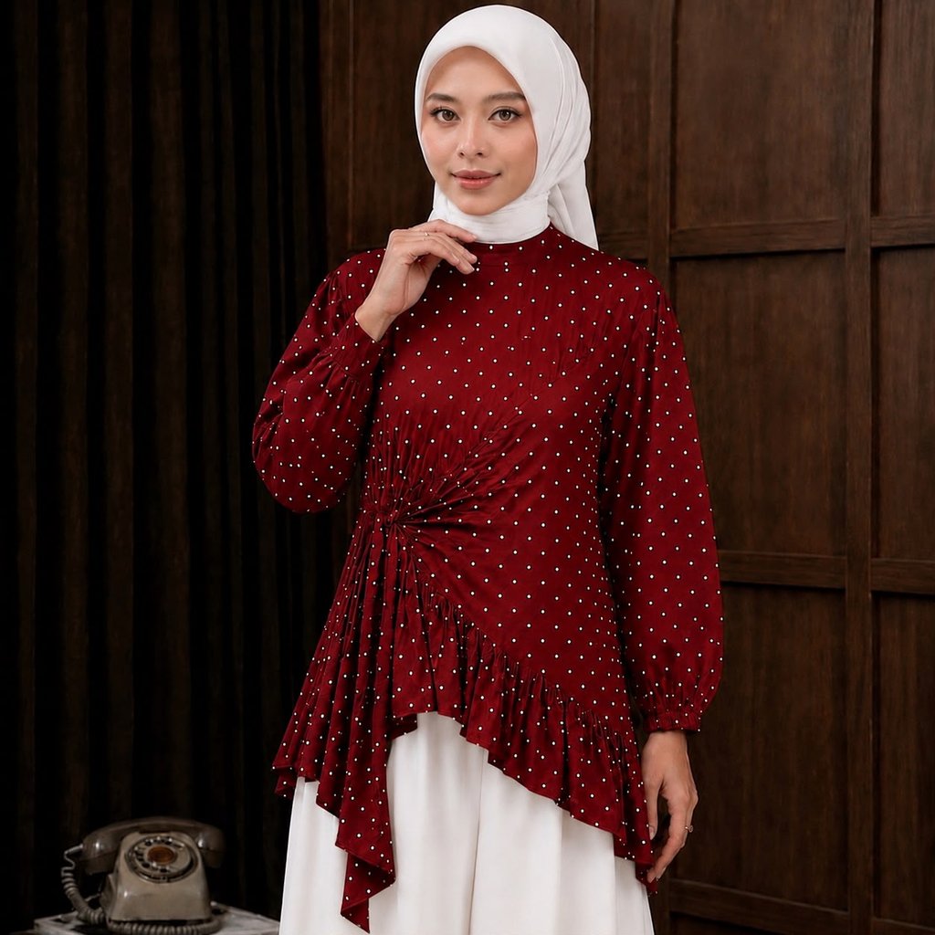 Zaleeya - Nafisa Blouse Merah Polkadot Asimetris Ruffle Atasan Wanita Rayon Premium Adem Elegan