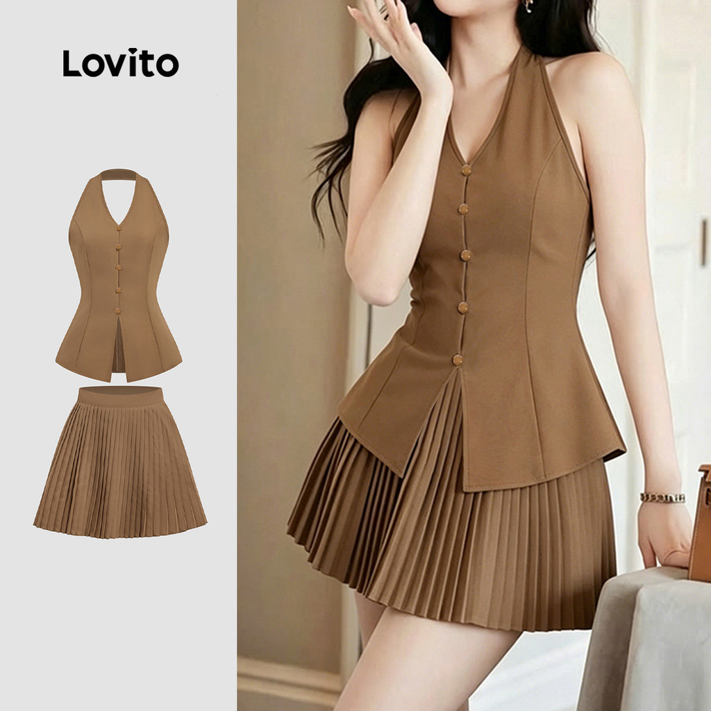 Lovito Women Elegant Tops or Bottoms Button Front Pleated Commute Spring/summer Khaki Top Tops or Bo
