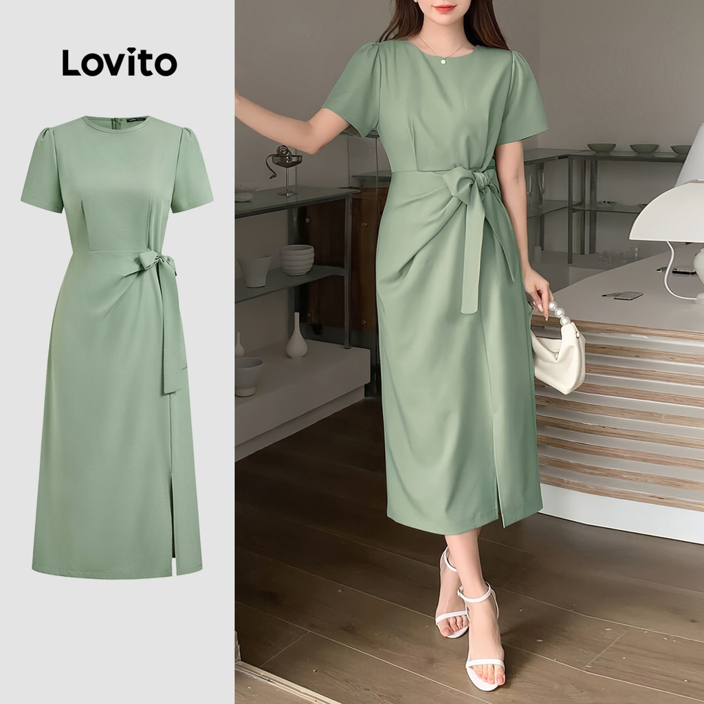 Lovito Women Formal Elegant Plain Lace Up All Seasons Korean Dress L128ED187