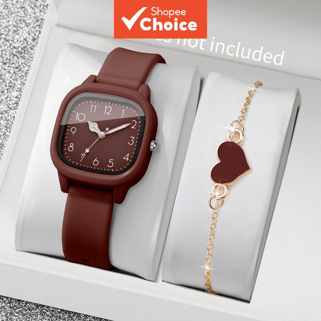 2PCS Fashion Square Women Watches with Silicone Strap Heart Bracelet Set (Without Box) Watch for Wom