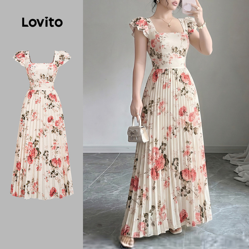 Lovito Women Casual Floral Flutter Cap Sleeve Square Neck High Waist Pleated Spring/summer Vacation