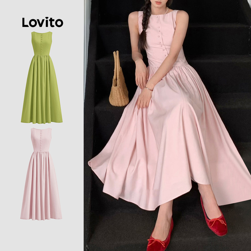 Lovito Women Elegant Dress Korean Plain Spring and Summer Button Draped Dress L125AD198