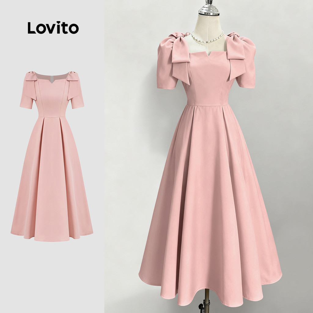 Lovito Formal Elegant Dress Korean for Woman Bow Pleated Spring/summer Pink Dress L172ED1166