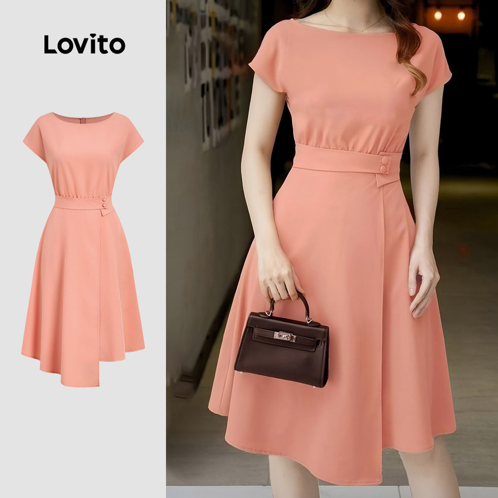 Lovito Women Elegant Dress Korean Belted Asymmetrical Button Coral Pink Dress L177AD104