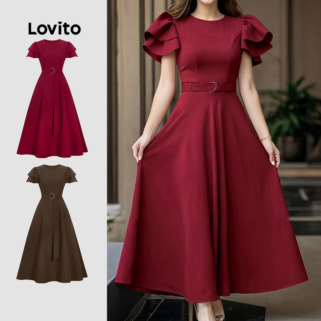 Lovito x Jenela Women Formal Elegant Dress Korean Belted Double Layer Spring/summer Wine Red Dress L