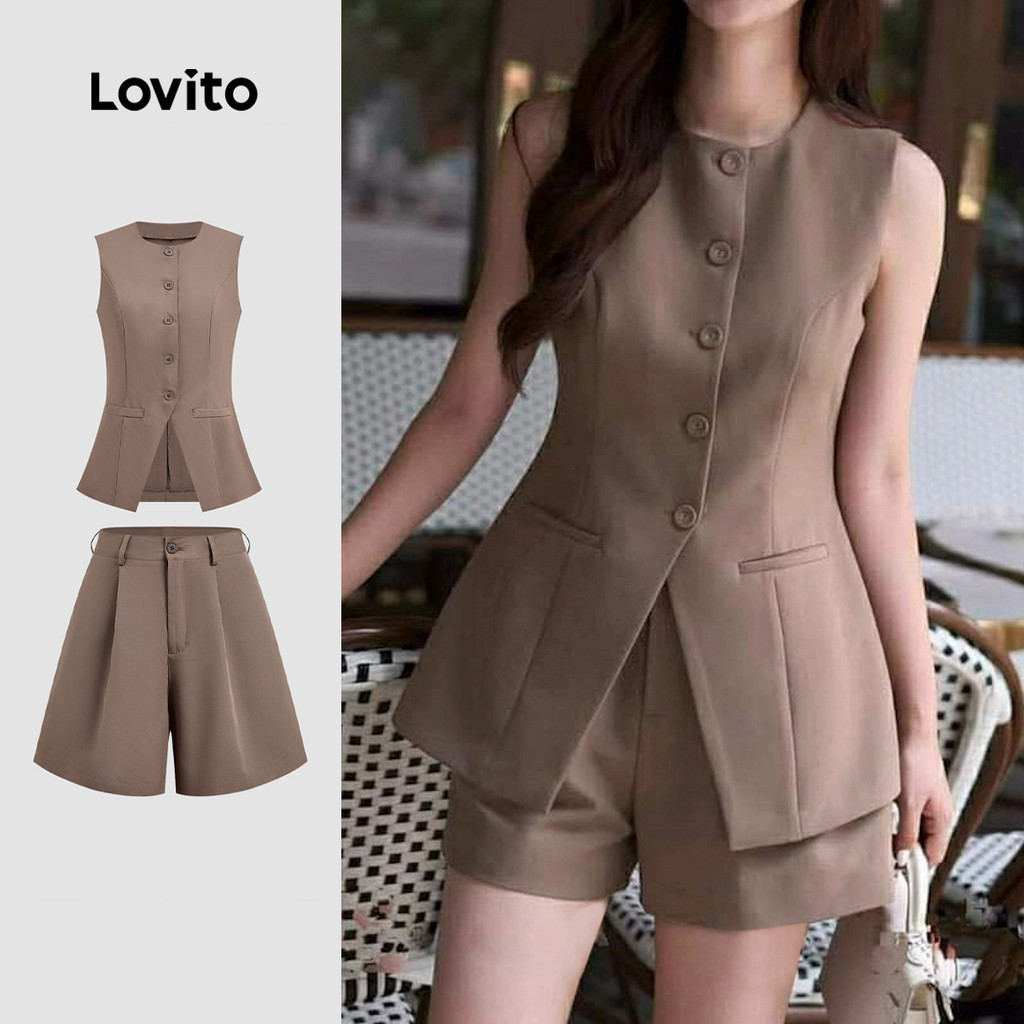 Lovito Women Elegant Tops or Bottoms Korean Button Front Pleated Spring/summer Brown Tops or Bottoms