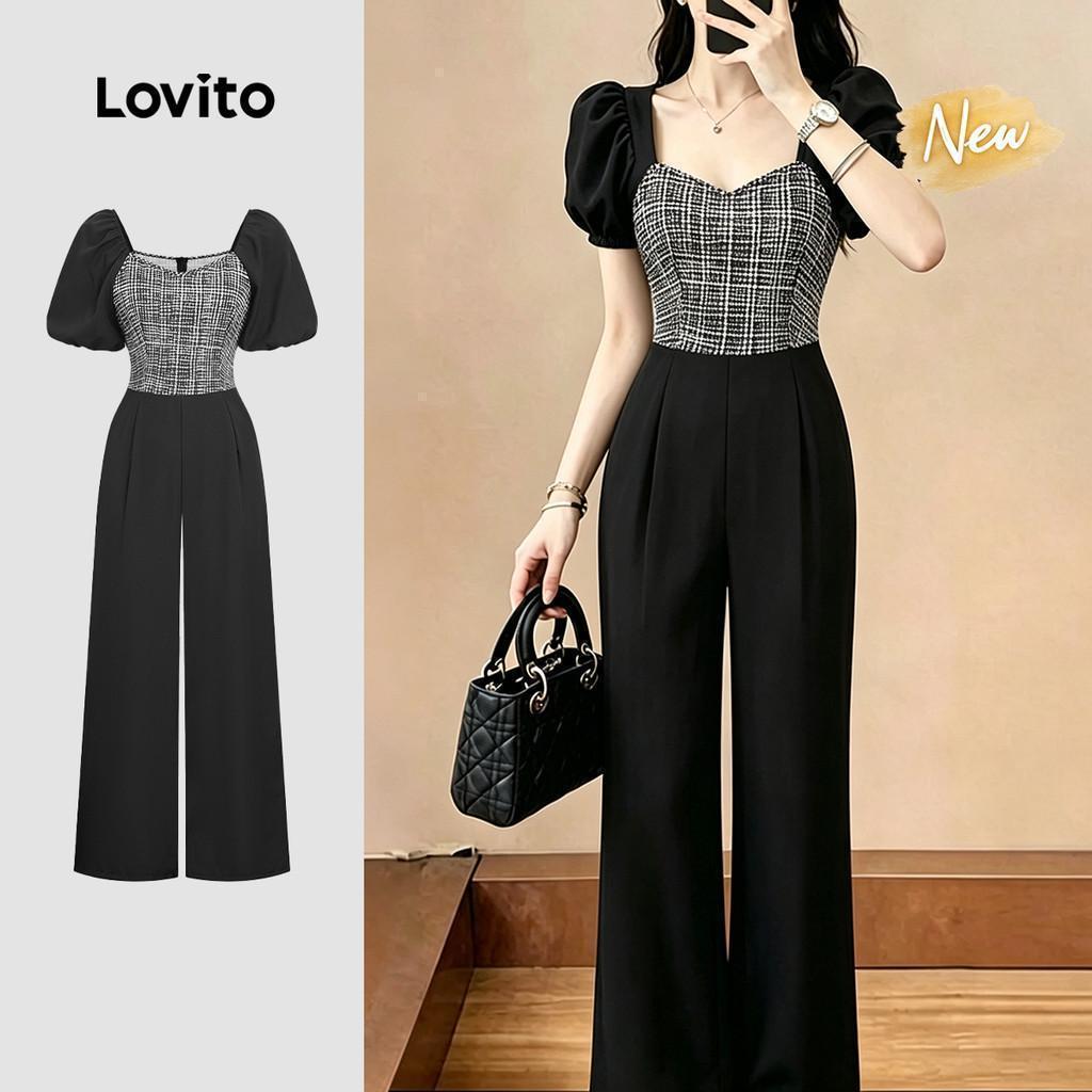 (New Arrival) Lovito Women Elegant Jumpsuit Colorblock Fabric Stitching Spring/summer Black Jumpsuit