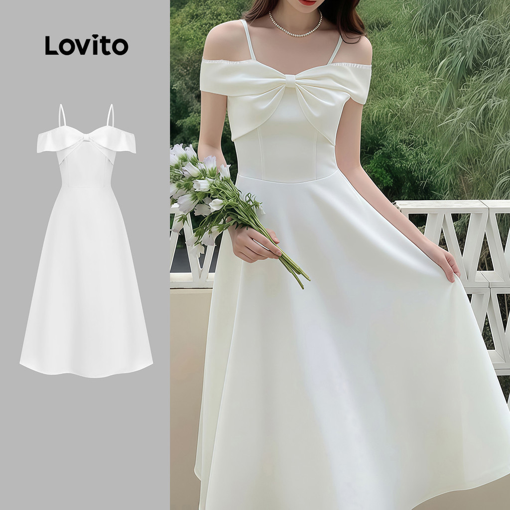 Lovito x Marie Twins Women Off Shoulder Elegant Dress Korean Formal/wedding/bridesmaid Pleated Zippe