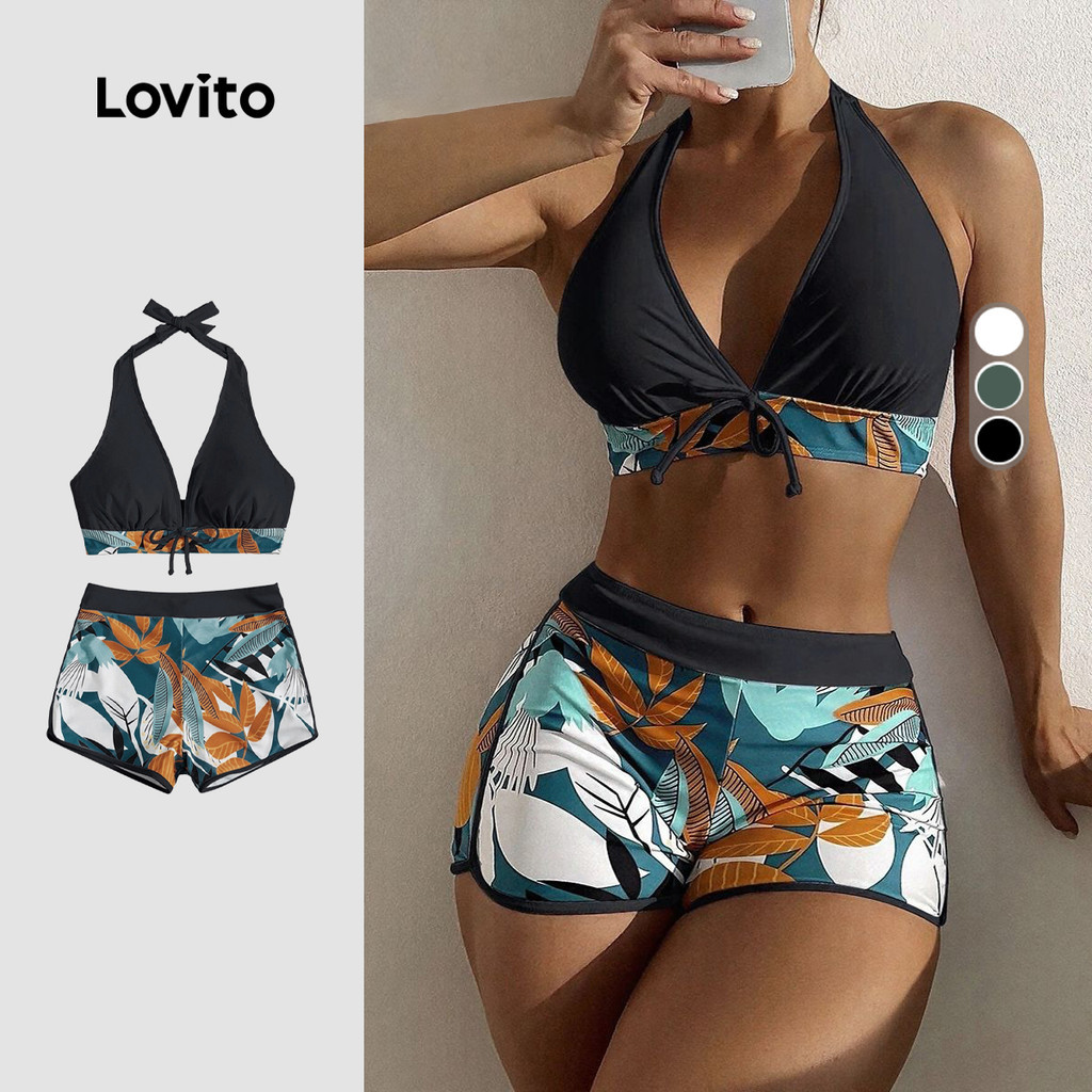 Lovito Women Vacation Sexy Bikini Sets Plants Bow Summer Bikini Sets LNL36108 (White/Green/Black)