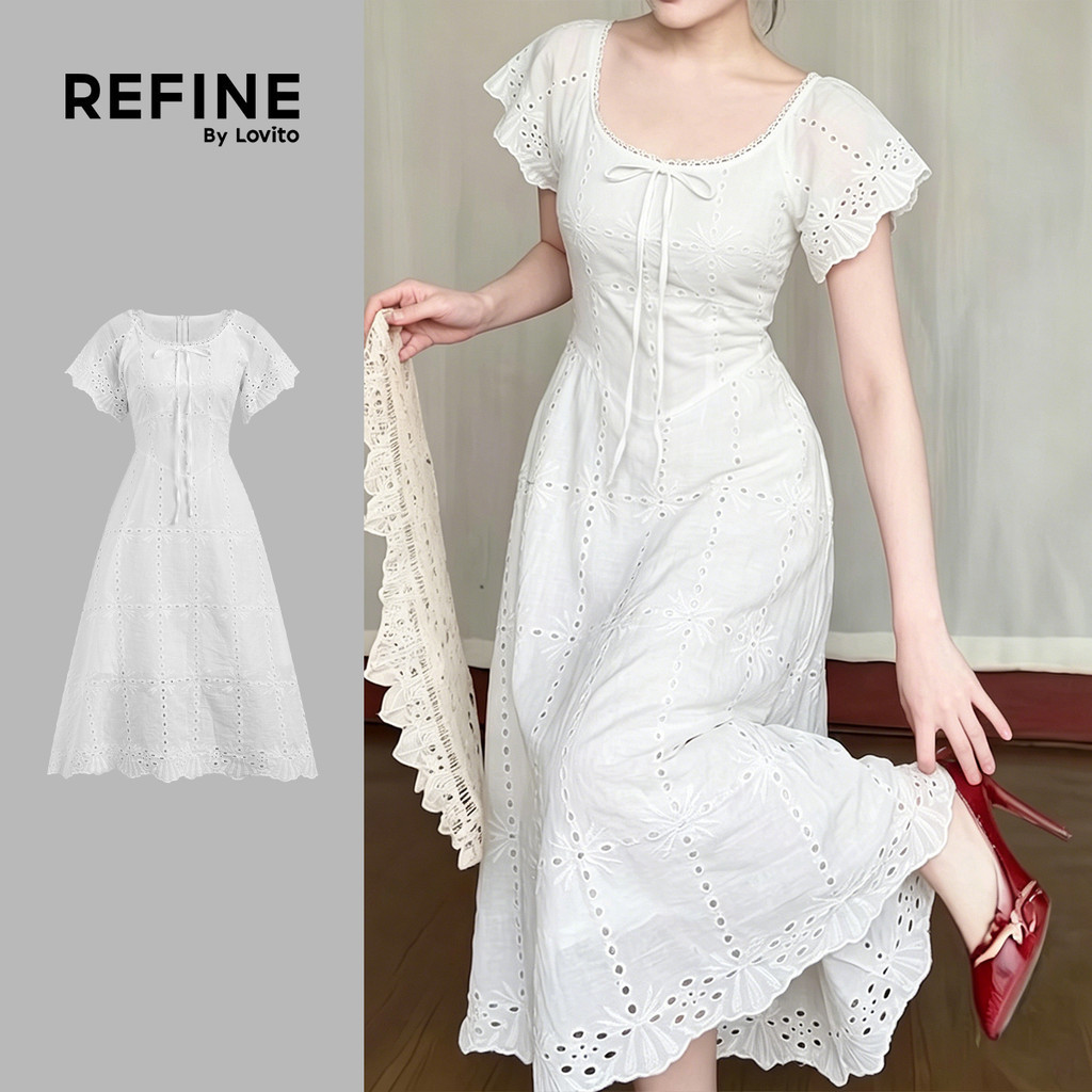 (New Arrival) (Refine by Lovito) Women Formal Elegant Dress Office Eyelet Embroidery Lace Spring/sum