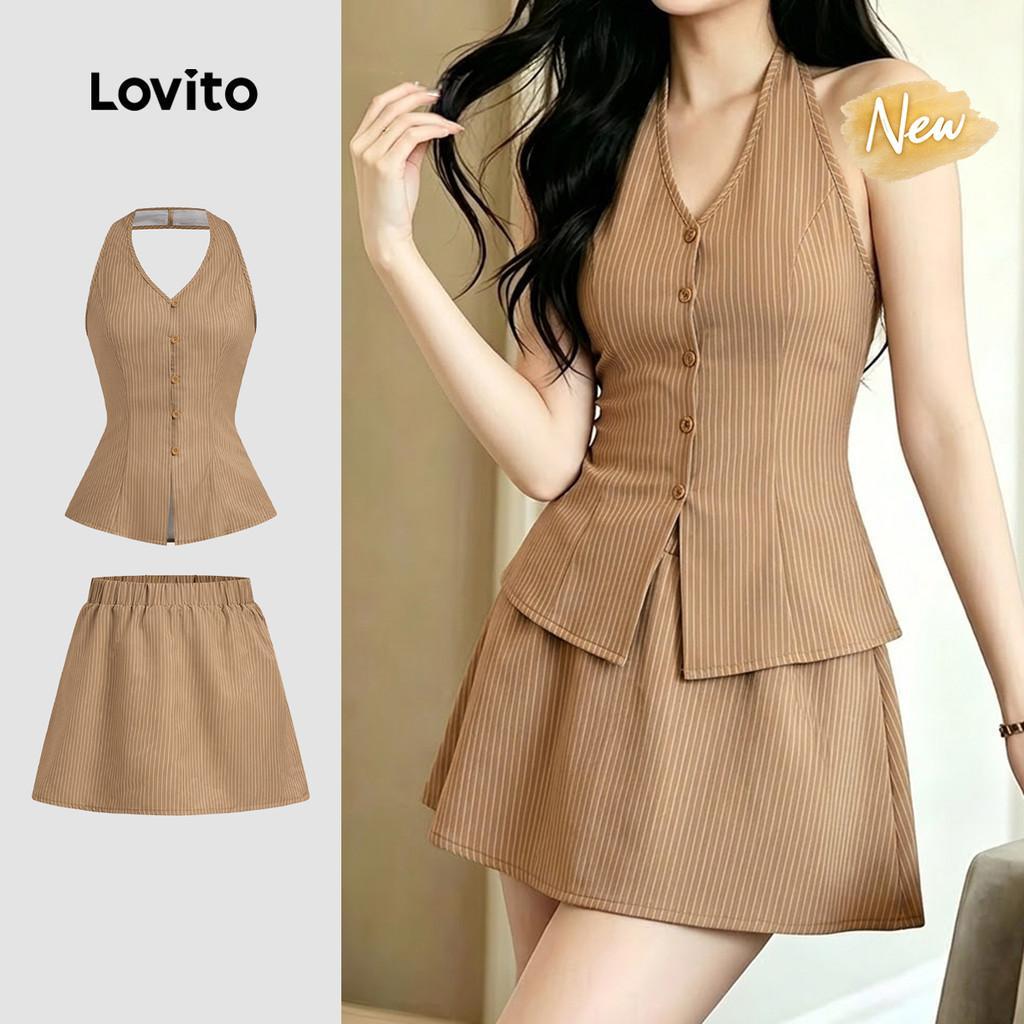 (New Arrival) Lovito Women Elegant Tops or Bottoms Preppy Style Button Leisure Spring/summer Khaki T