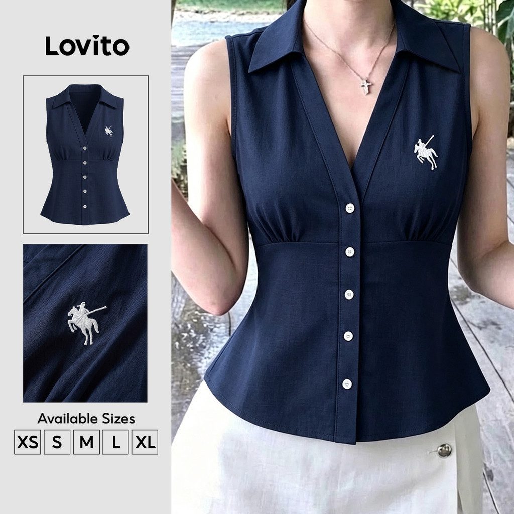 (New Arrival) Lovito Women Elegant Top Embroidery Button Front Spring/summer Navy Blue Top TKK9P1D12