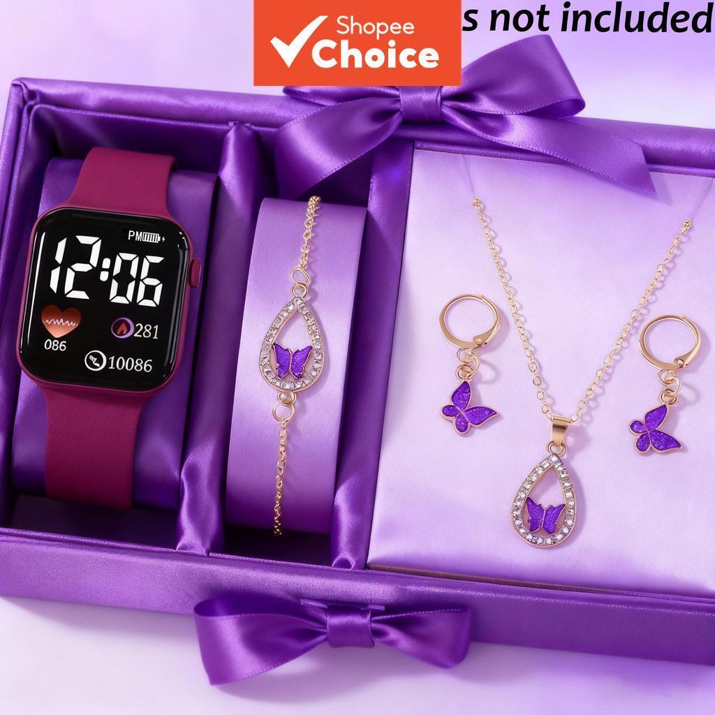 Kids Digital Watch Set Luminous LED with Rhinestone Butterfly Bracelet Necklace Earrings, Soft Silic